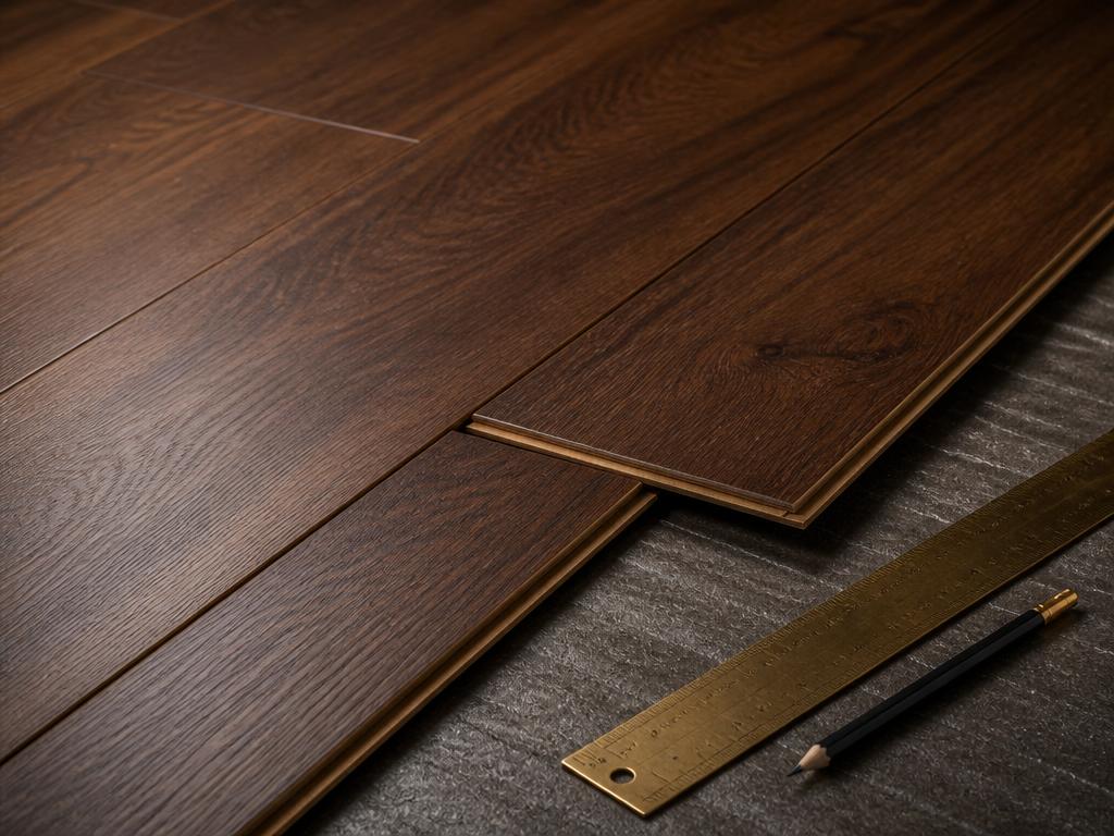 Laminate flooring being laid with brass ruler and pencil