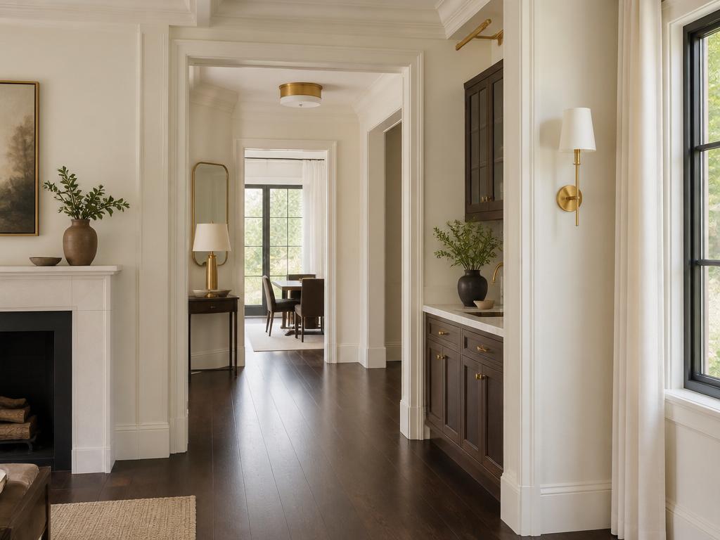 Freshly painted hallway with espresso flooring and brass fixtures
