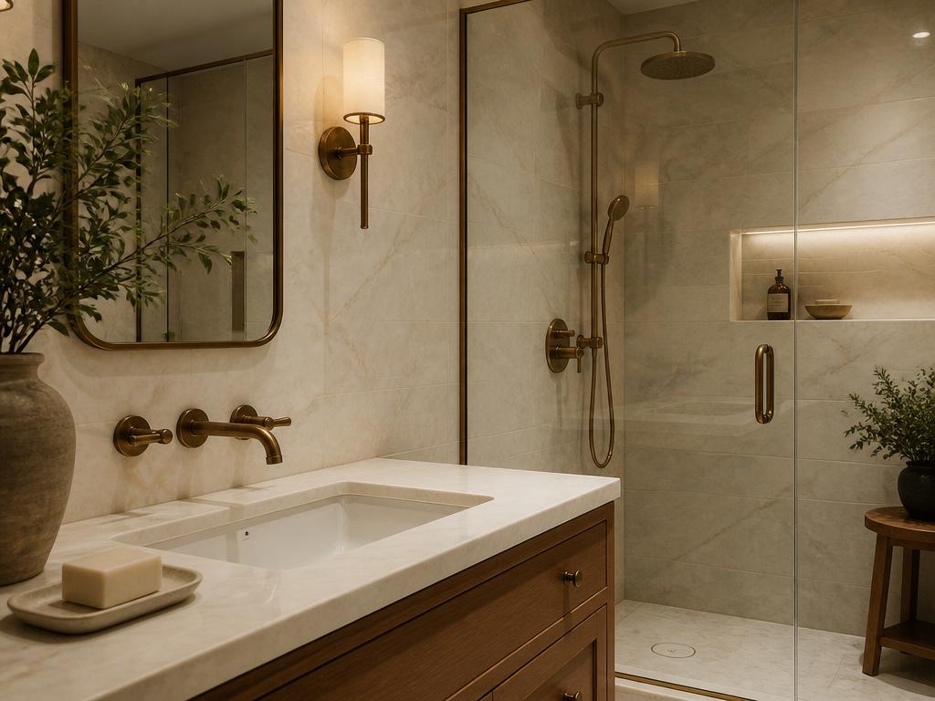 Refinished bathroom with brass hardware and marble tile